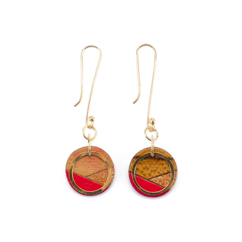 Conture Recycled Wood Gold Dangle Earrings showcasing vibrant colors and 24k gold plated brass hooks, handcrafted from recycled materials.