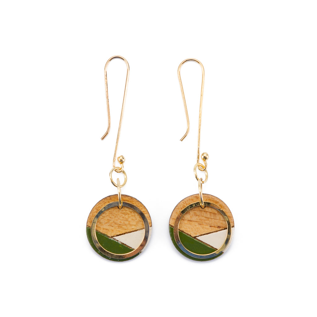 Conture Recycled Wood Gold Dangle Earrings showcasing vibrant colors and 24k gold plated brass hooks, handcrafted from recycled materials.