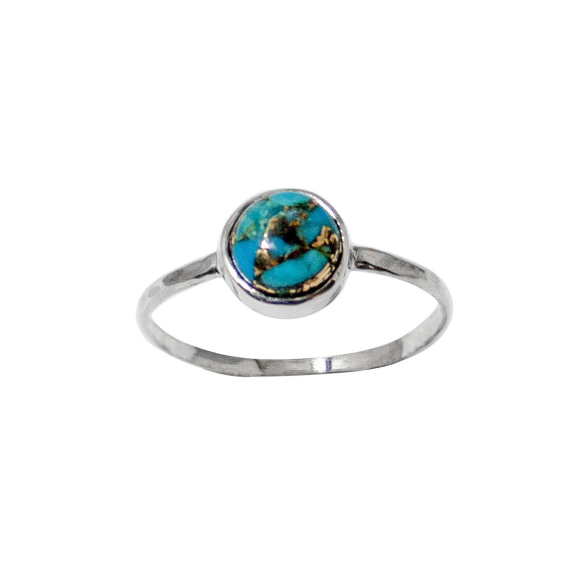 Copper Turquoise Bezel Sterling Silver Ring featuring a 6mm turquoise stone set in a hammered sterling silver band.