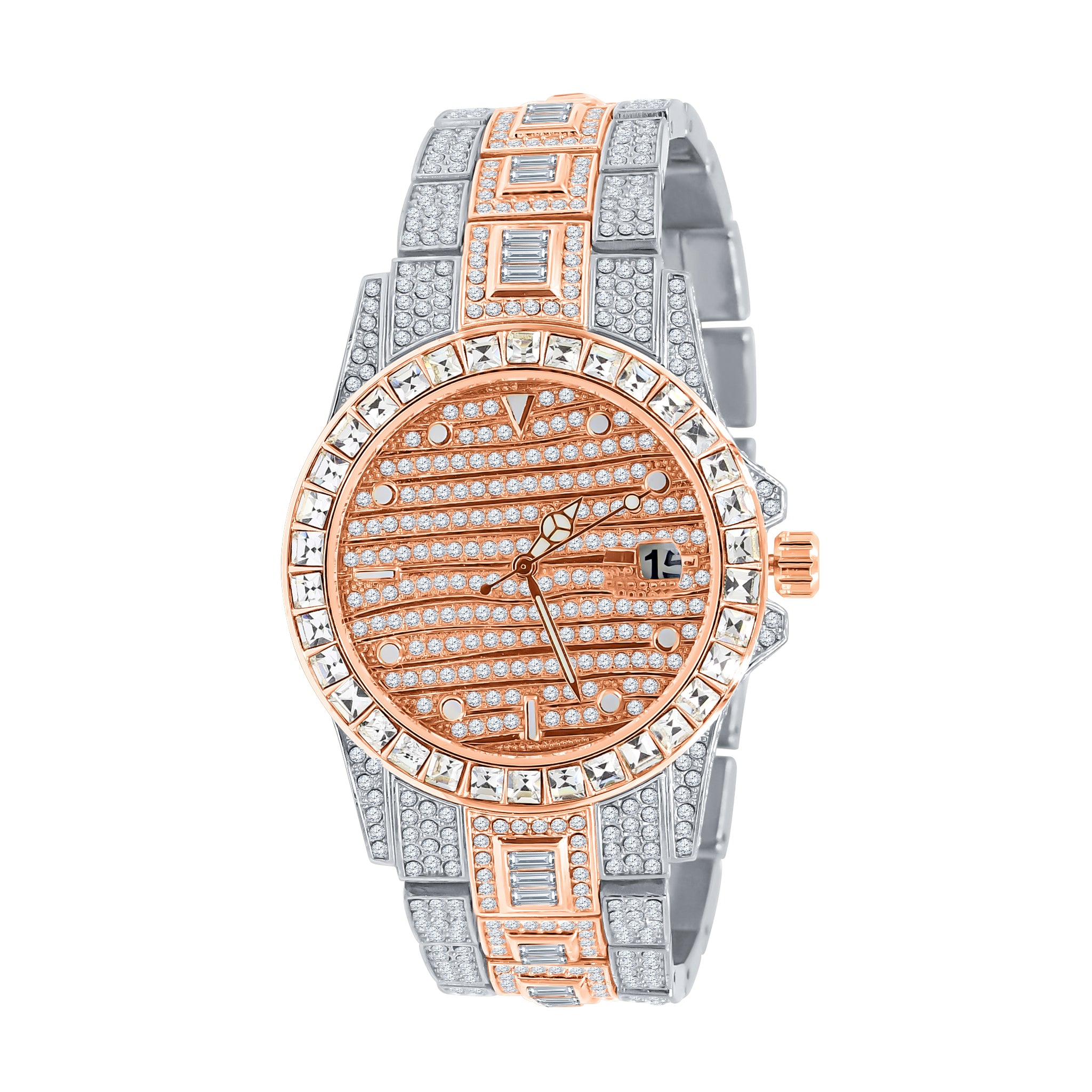 EXQUISITO Hip Hop Metal Watch featuring crystal accents and adjustable links, showcasing luxury and style.