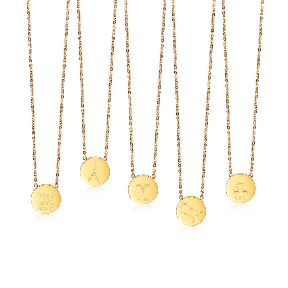 Glossy Gold Round Zodiac Necklace featuring a round zodiac pendant on a delicate chain, made from stainless steel with gold plating.