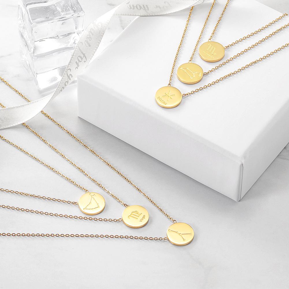 Glossy Gold Round Zodiac Necklace featuring a round zodiac pendant on a delicate chain, made from stainless steel with gold plating.