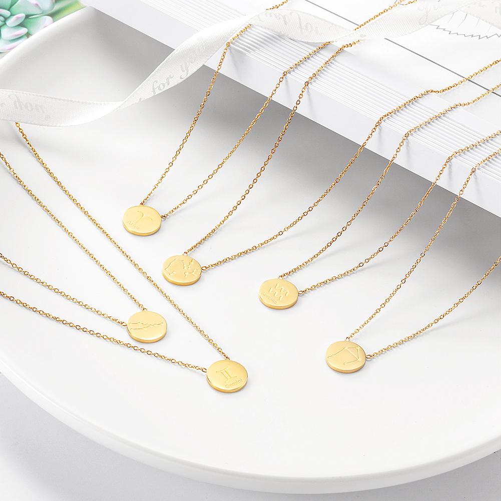 Glossy Gold Round Zodiac Necklace featuring a round zodiac pendant on a delicate chain, made from stainless steel with gold plating.