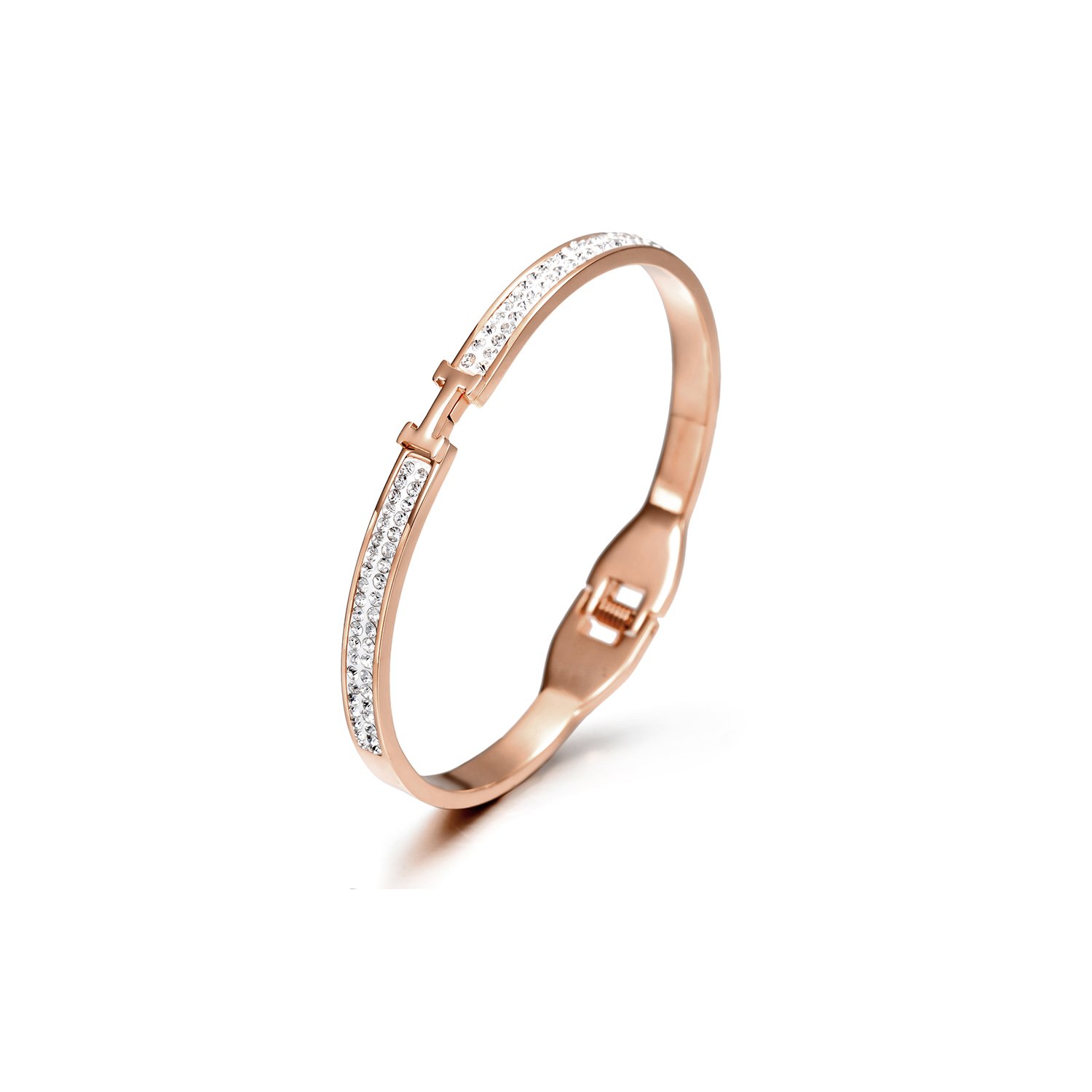 Thin H-Shaped CZ Bangle made of surgical stainless steel with gold plating, featuring sparkling cubic zirconia stones.