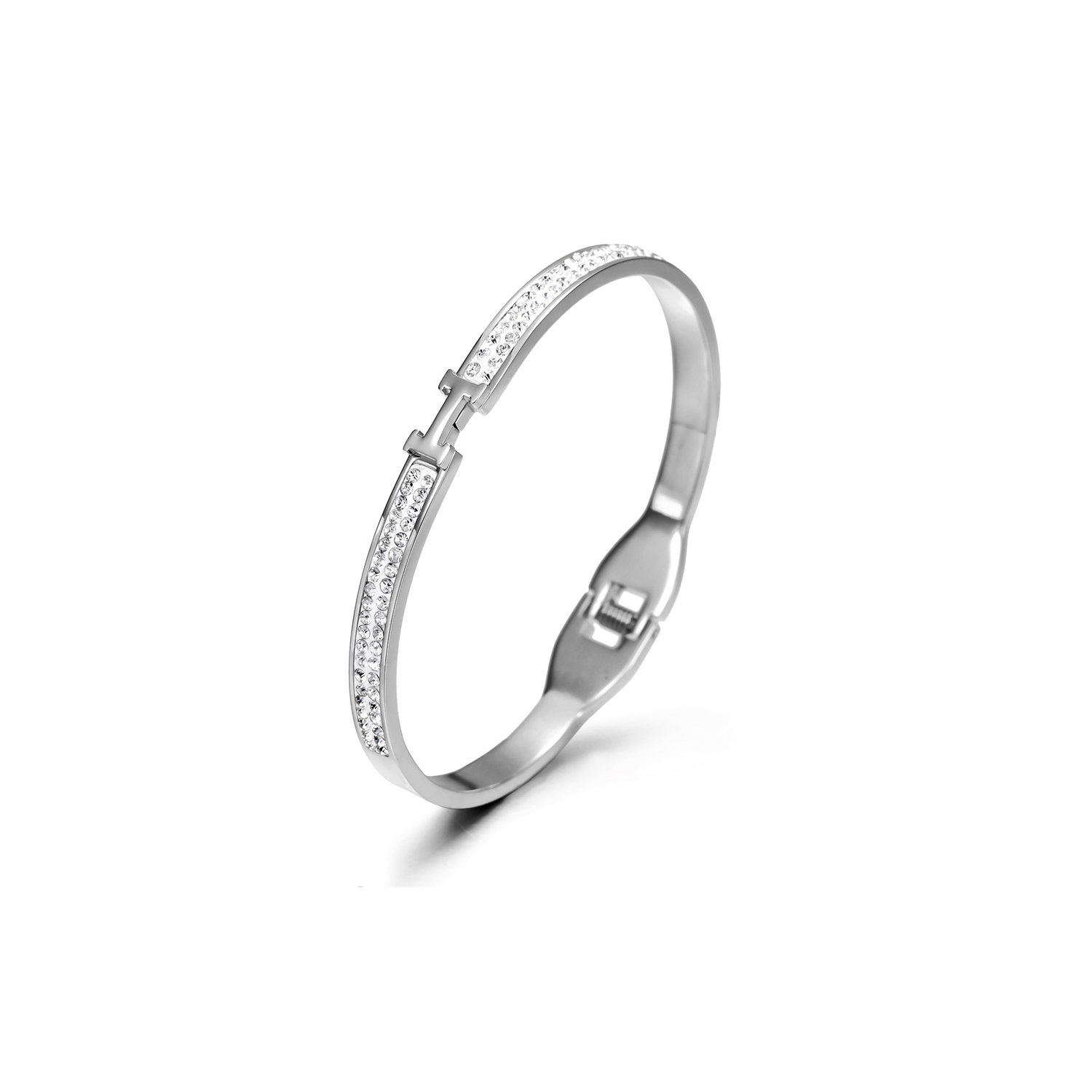 Thin H-Shaped CZ Bangle made of surgical stainless steel with gold plating, featuring sparkling cubic zirconia stones.