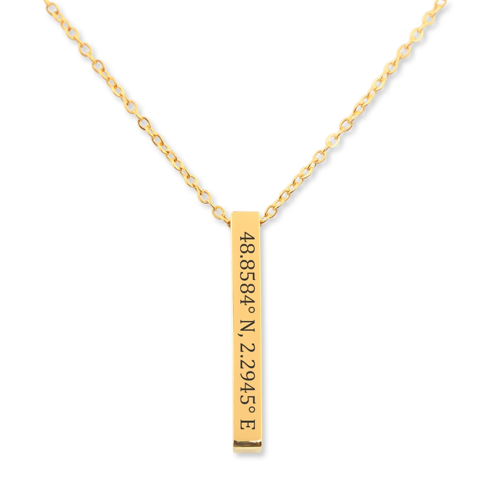 A stunning Coordinates Necklace in Silver, Gold, and Rose Gold options, featuring a personalized engraved pendant showcasing custom coordinates.