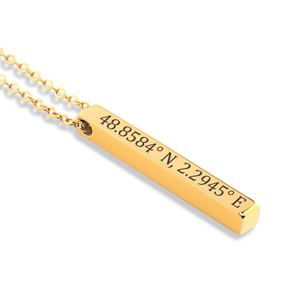 A stunning Coordinates Necklace in Silver, Gold, and Rose Gold options, featuring a personalized engraved pendant showcasing custom coordinates.