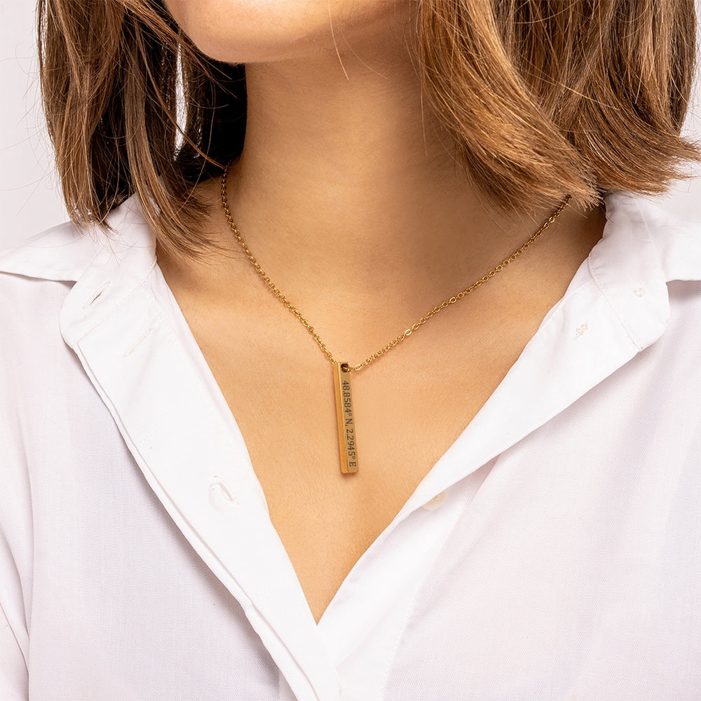 A stunning Coordinates Necklace in Silver, Gold, and Rose Gold options, featuring a personalized engraved pendant showcasing custom coordinates.