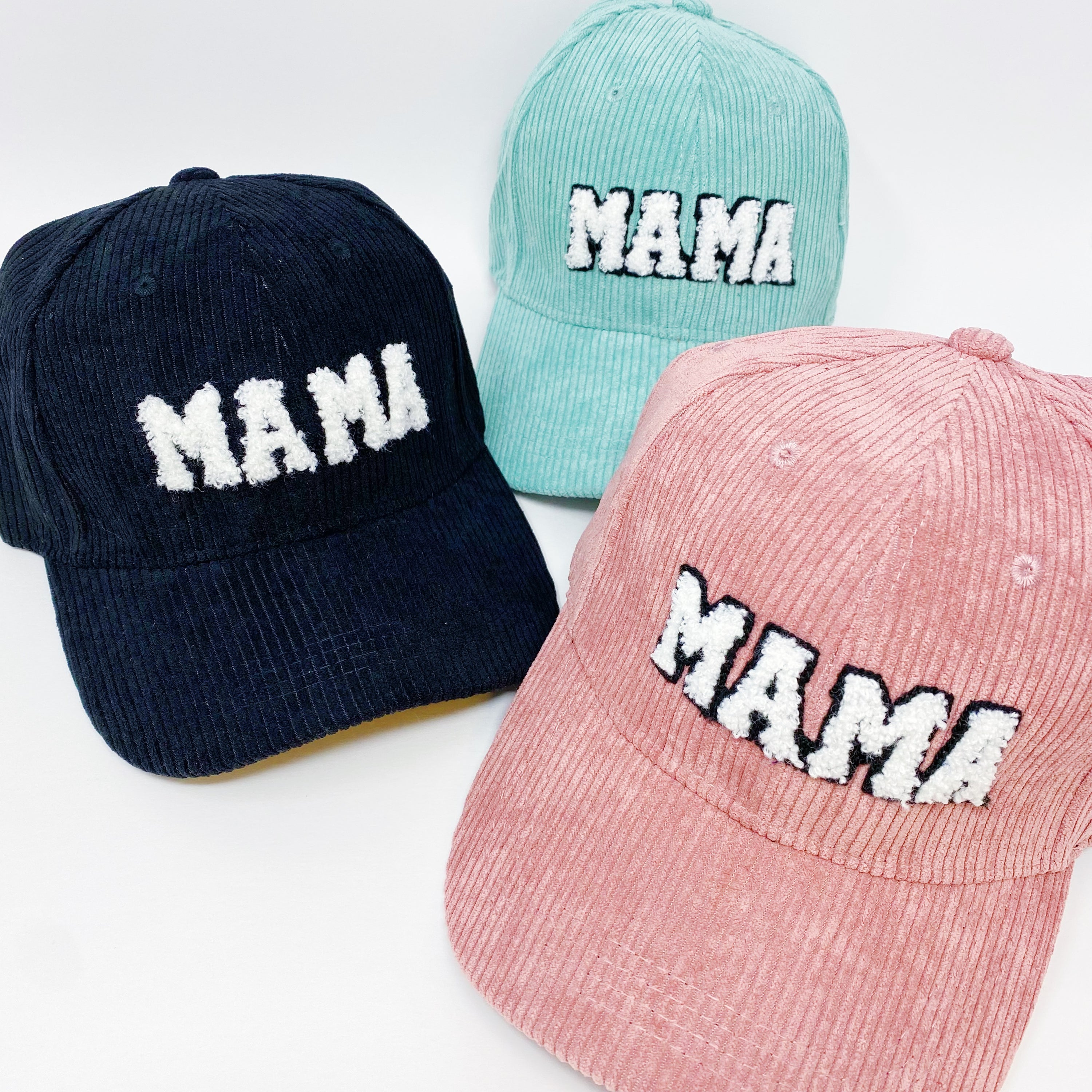 Corduroy Mama Ball Cap featuring fuzzy patch lettering and adjustable strap.