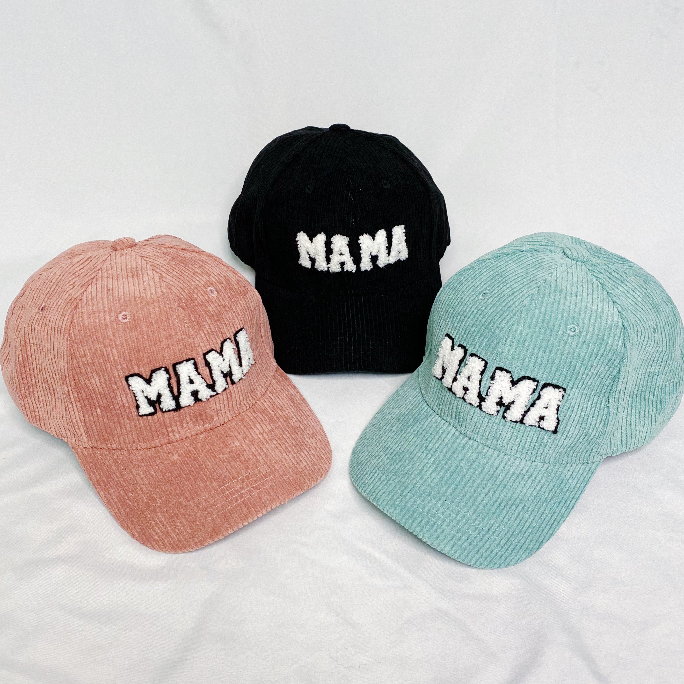 Corduroy Mama Ball Cap featuring fuzzy patch lettering and adjustable strap.