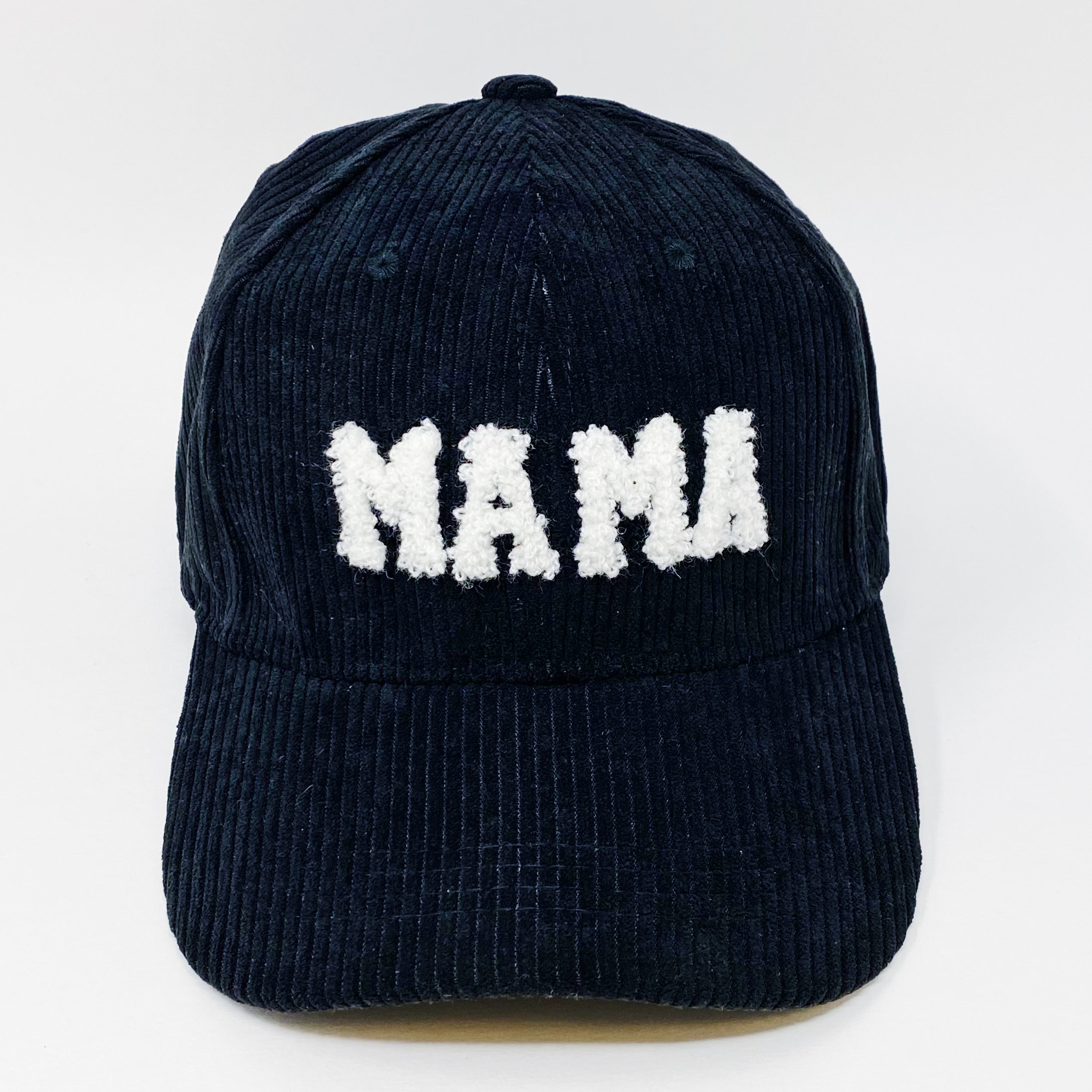 Corduroy Mama Ball Cap featuring fuzzy patch lettering and adjustable strap.