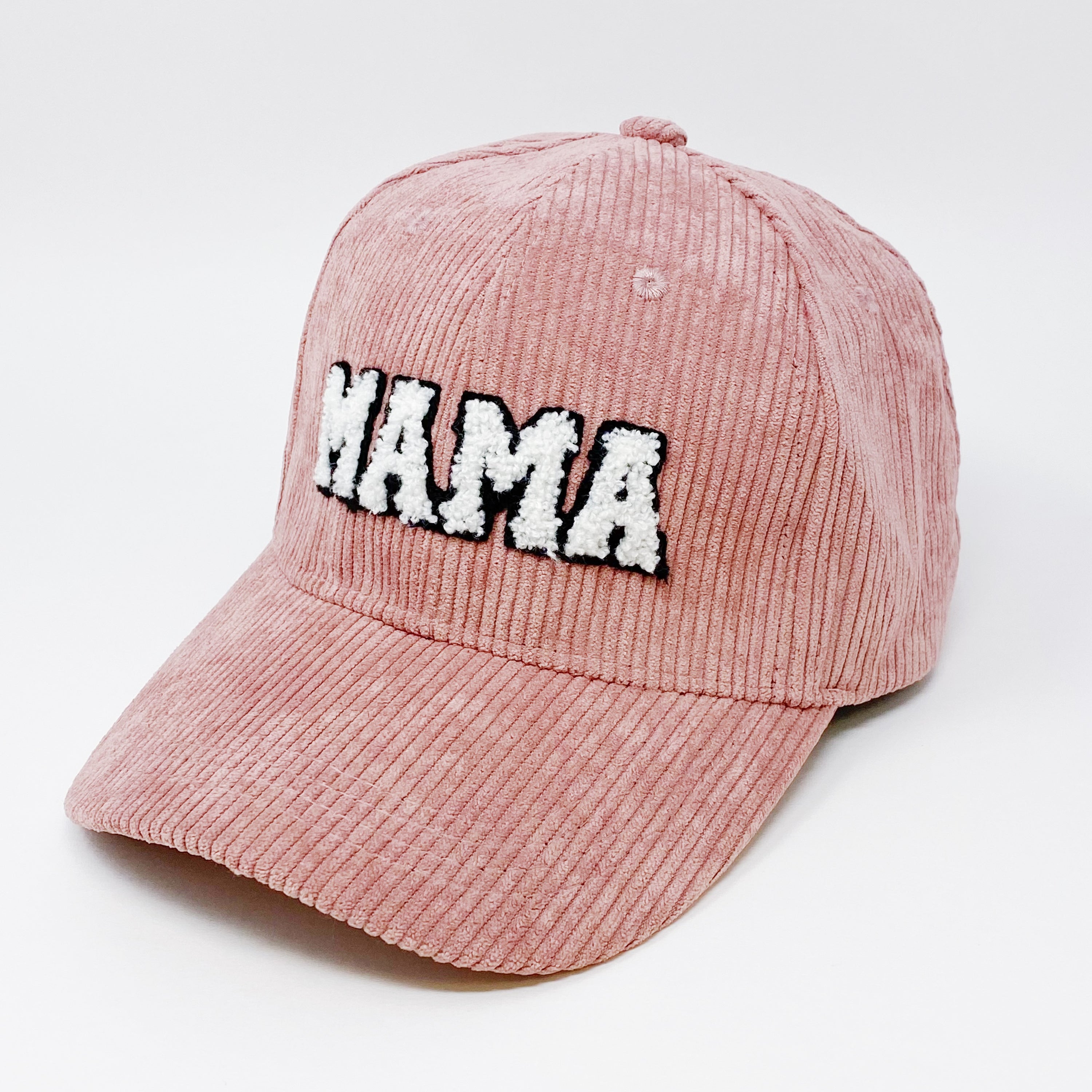 Corduroy Mama Ball Cap featuring fuzzy patch lettering and adjustable strap.