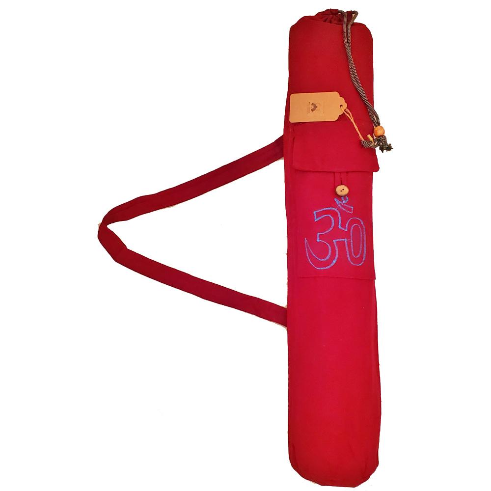 Cotton yoga mat bag featuring Hindu Sanskrit Aum design, adjustable drawstring, and front pocket for essentials.