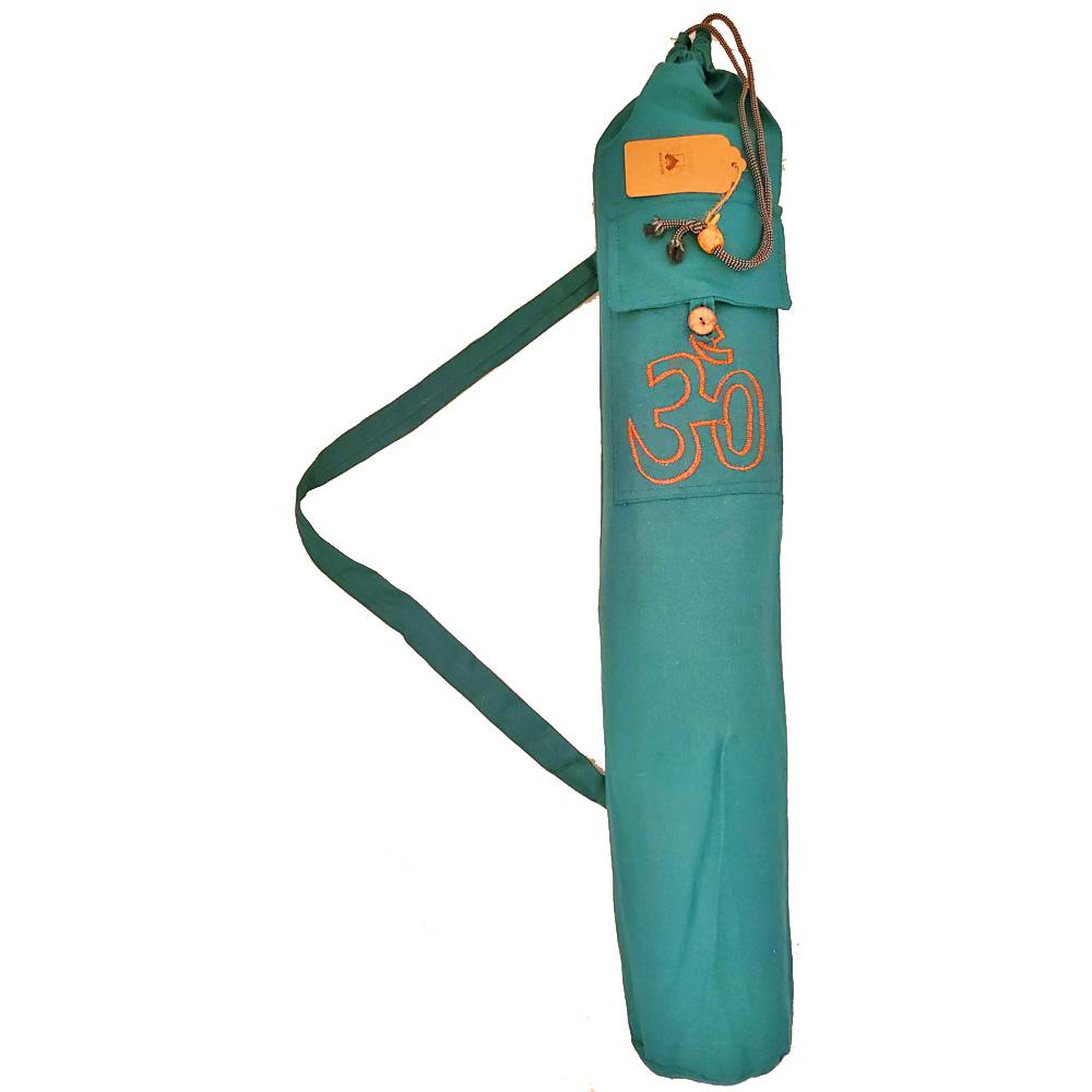 Cotton yoga mat bag featuring Hindu Sanskrit Aum design, adjustable drawstring, and front pocket for essentials.