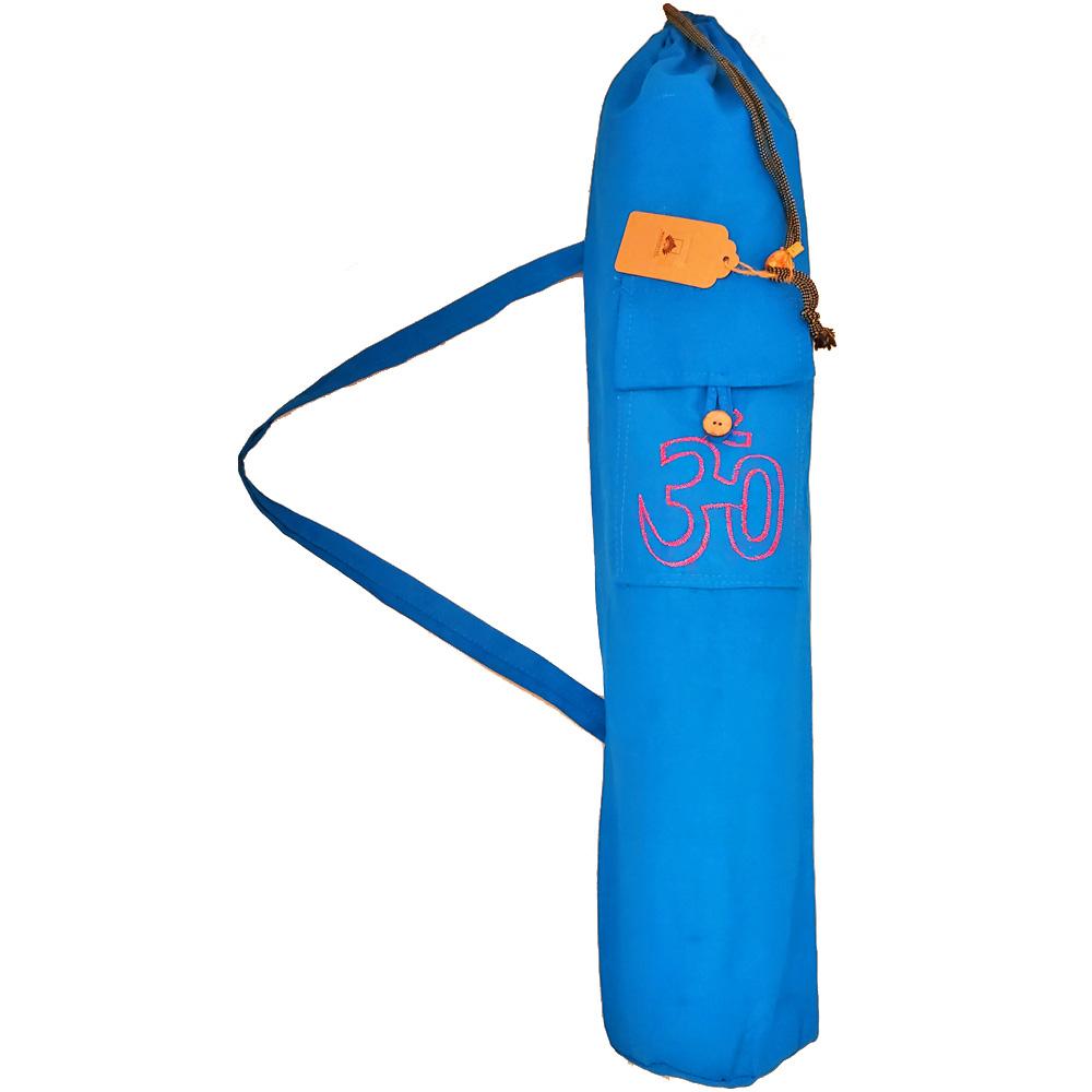 Cotton yoga mat bag featuring Hindu Sanskrit Aum design, adjustable drawstring, and front pocket for essentials.