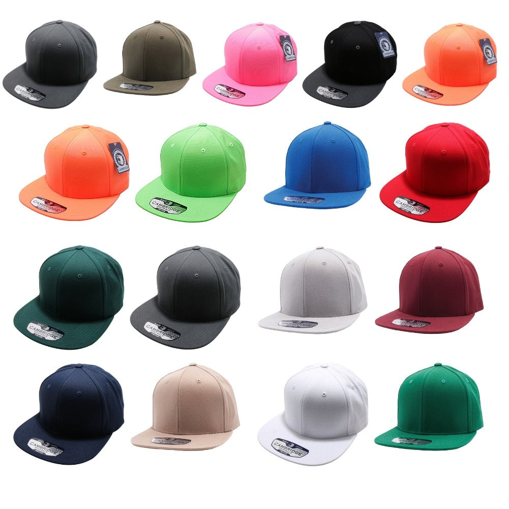 A pack of six stylish cotton snapback caps in various colors, featuring a high profile and flat visor design.