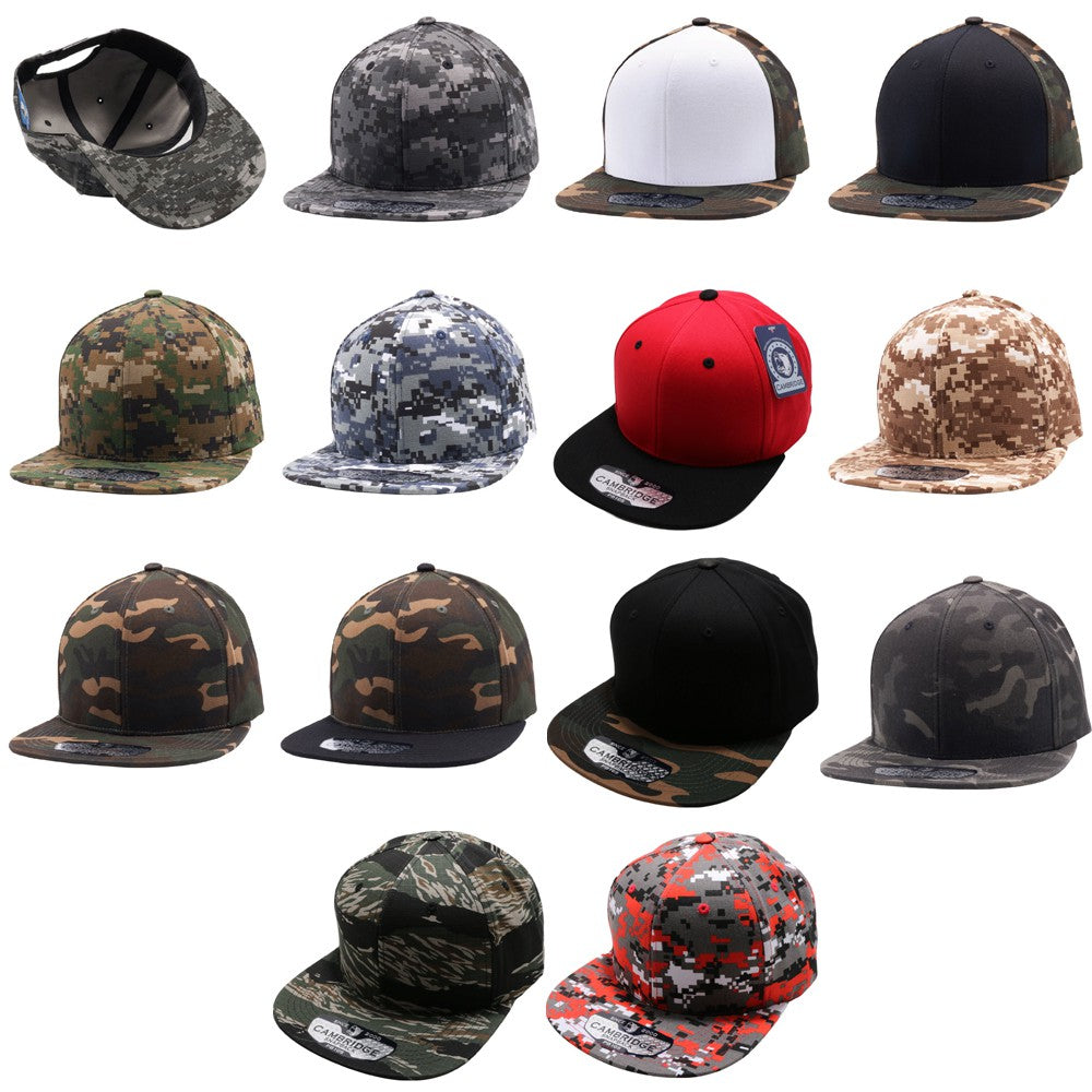 A pack of six stylish cotton snapback hats in various colors, showcasing their flat visor and high-profile design.