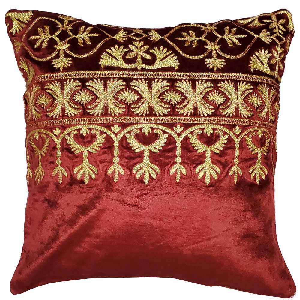 Cotton Viscose Velvet Blend Fabric Cushion Cover with Aari embroidery design, measuring 16 x 16 inches, perfect for home decor.