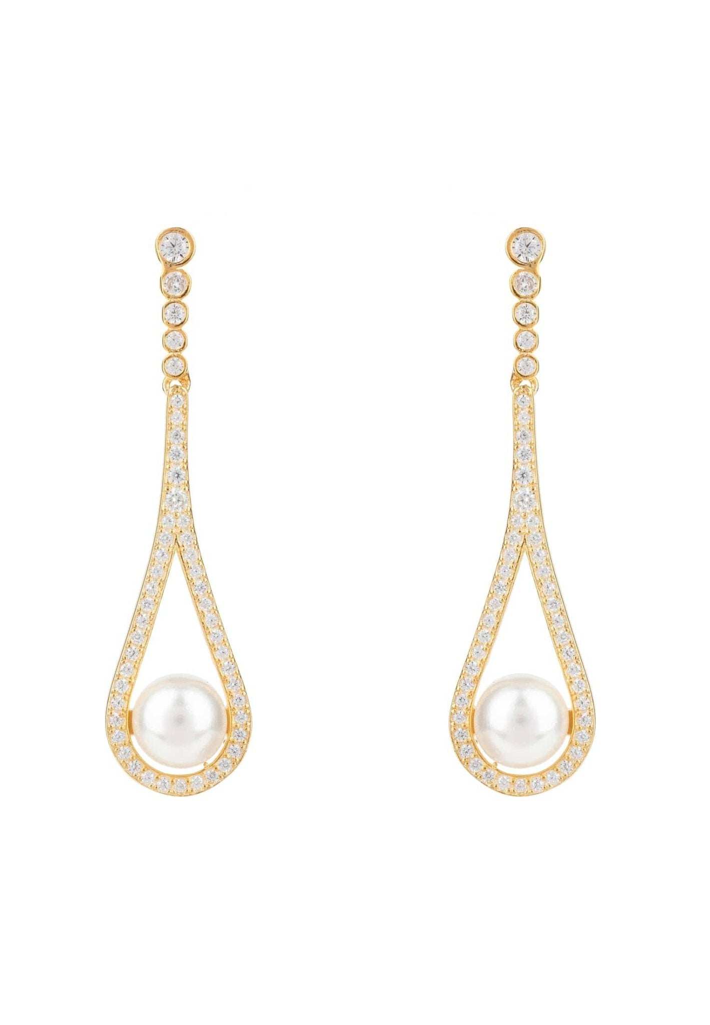 Elegant gold drop earrings featuring cradled Majorica pearls and sparkling zirconia stones, perfect for special occasions.