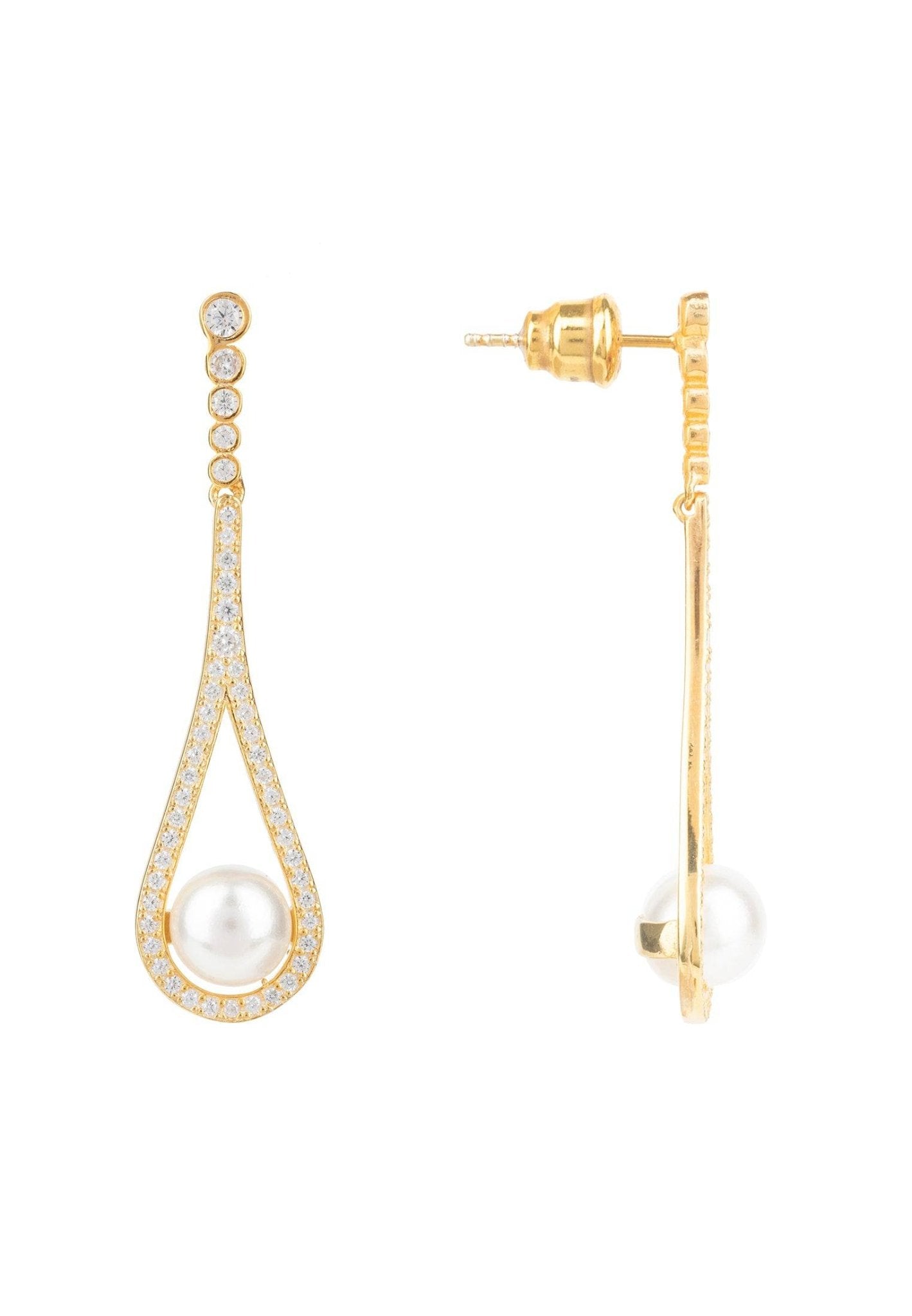 Elegant gold drop earrings featuring cradled Majorica pearls and sparkling zirconia stones, perfect for special occasions.