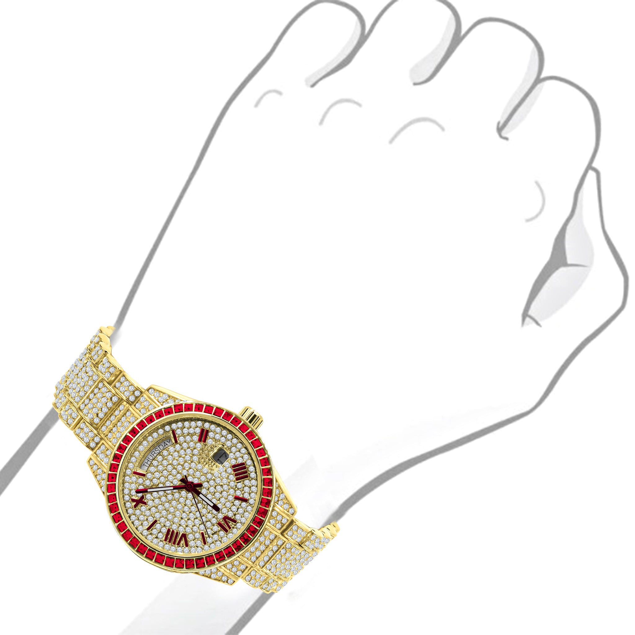 Gold watch with red accents.