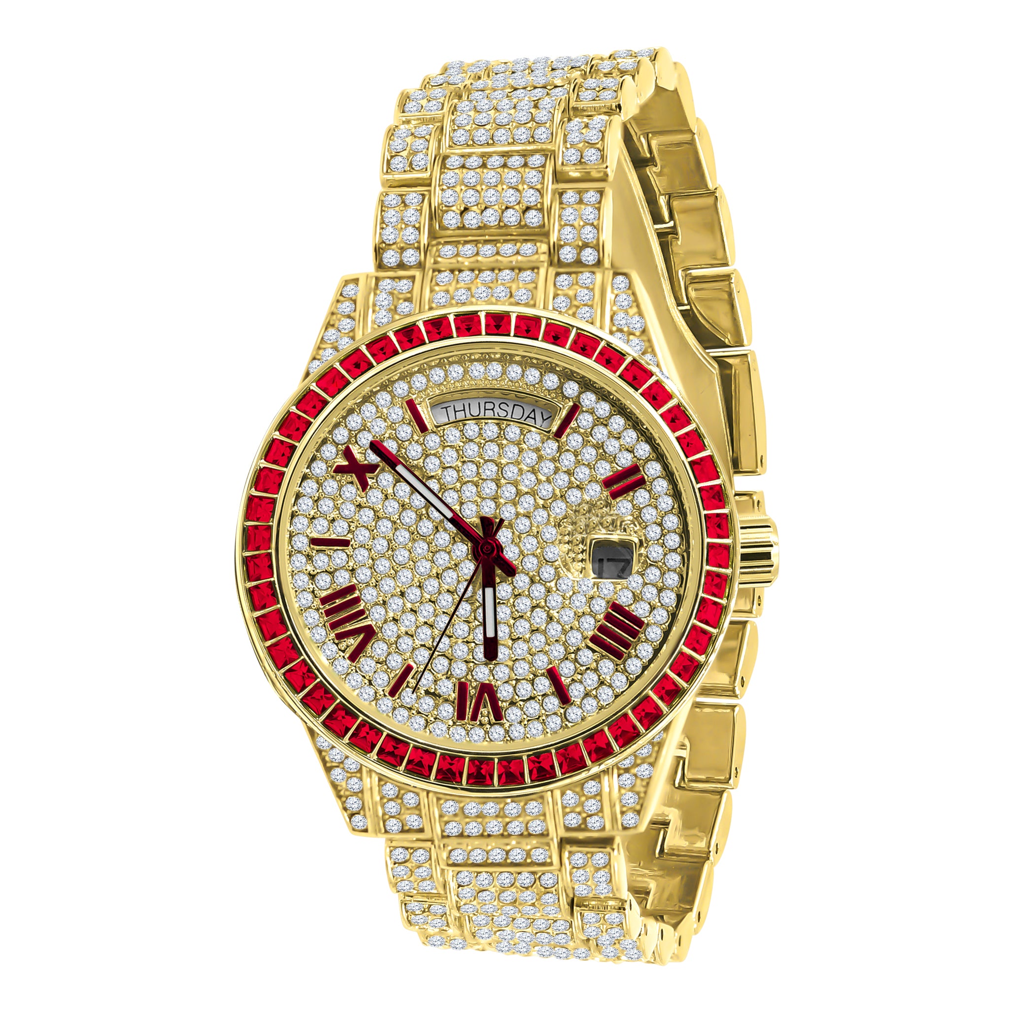 Gold watch with diamond details.