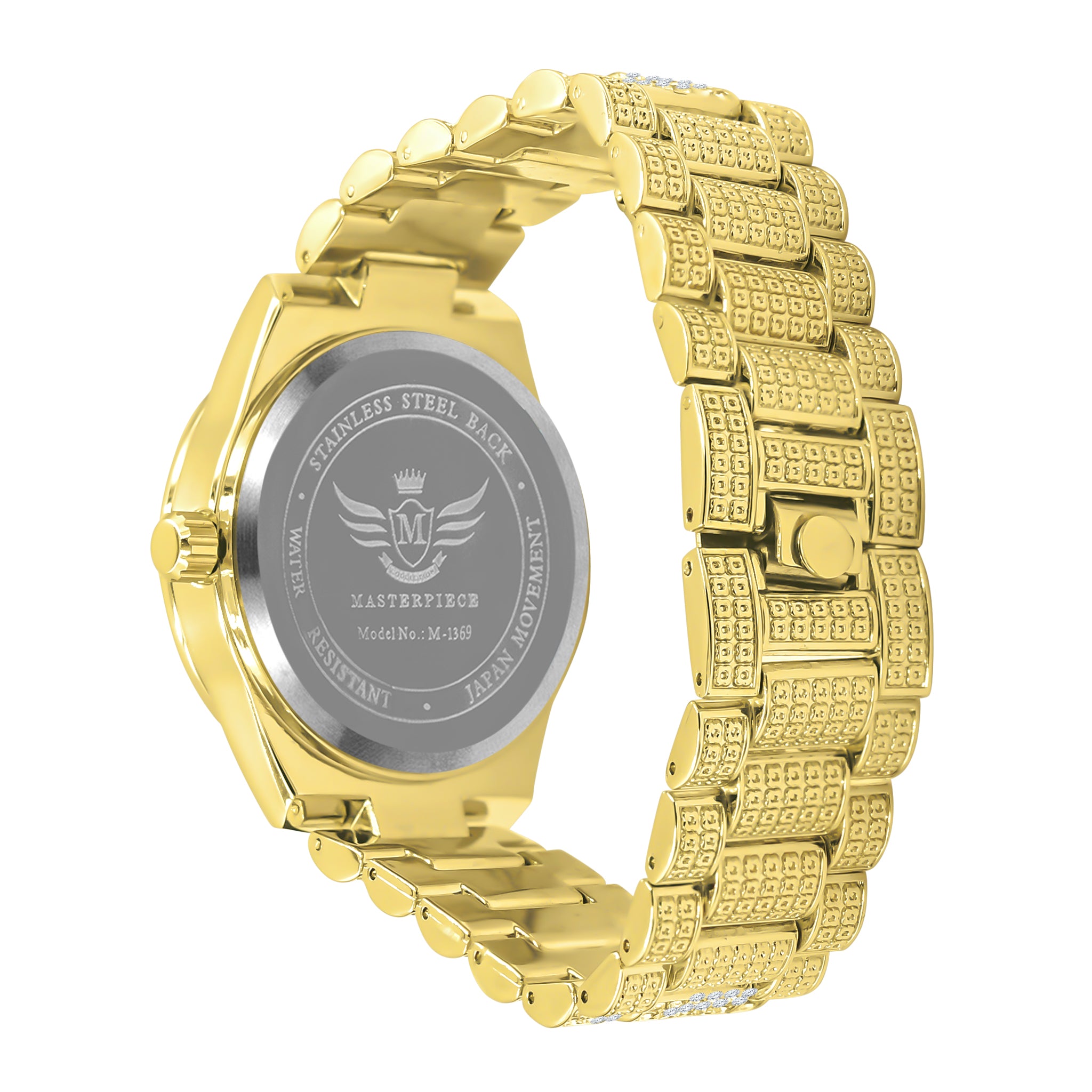 Gold-tone wristwatch with detailed engravings.