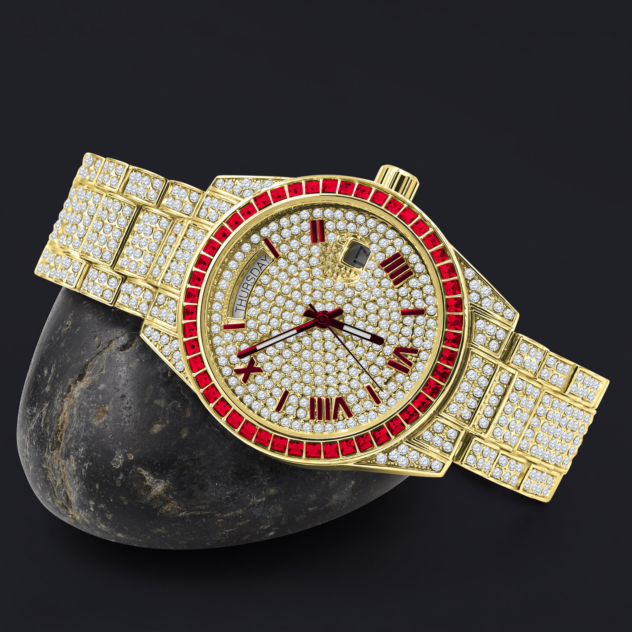 Gold and diamond-encrusted luxury watch.