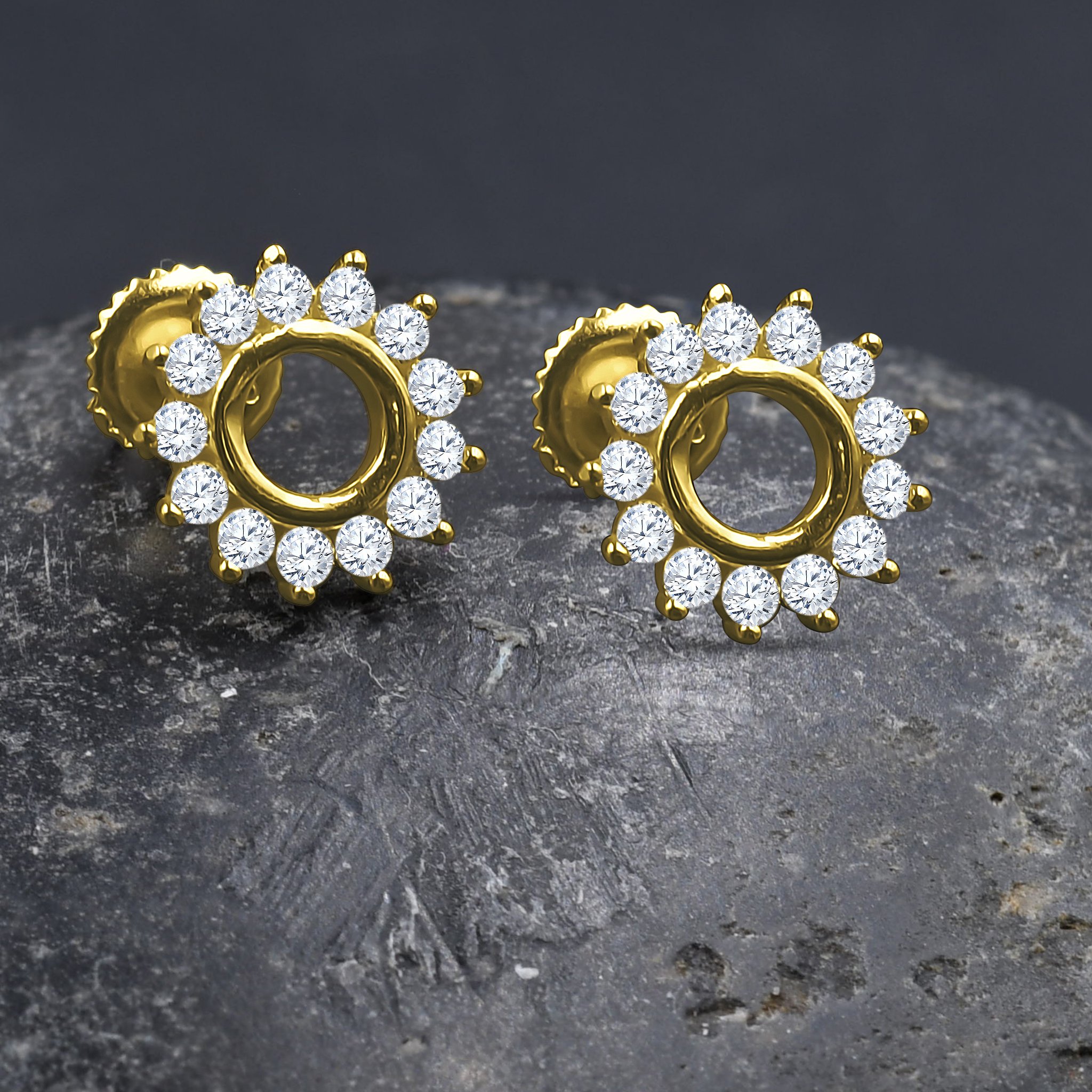 Crater Screw Back earrings featuring brass copper metal and sparkling cubic zircon stones, elegantly designed for any occasion.