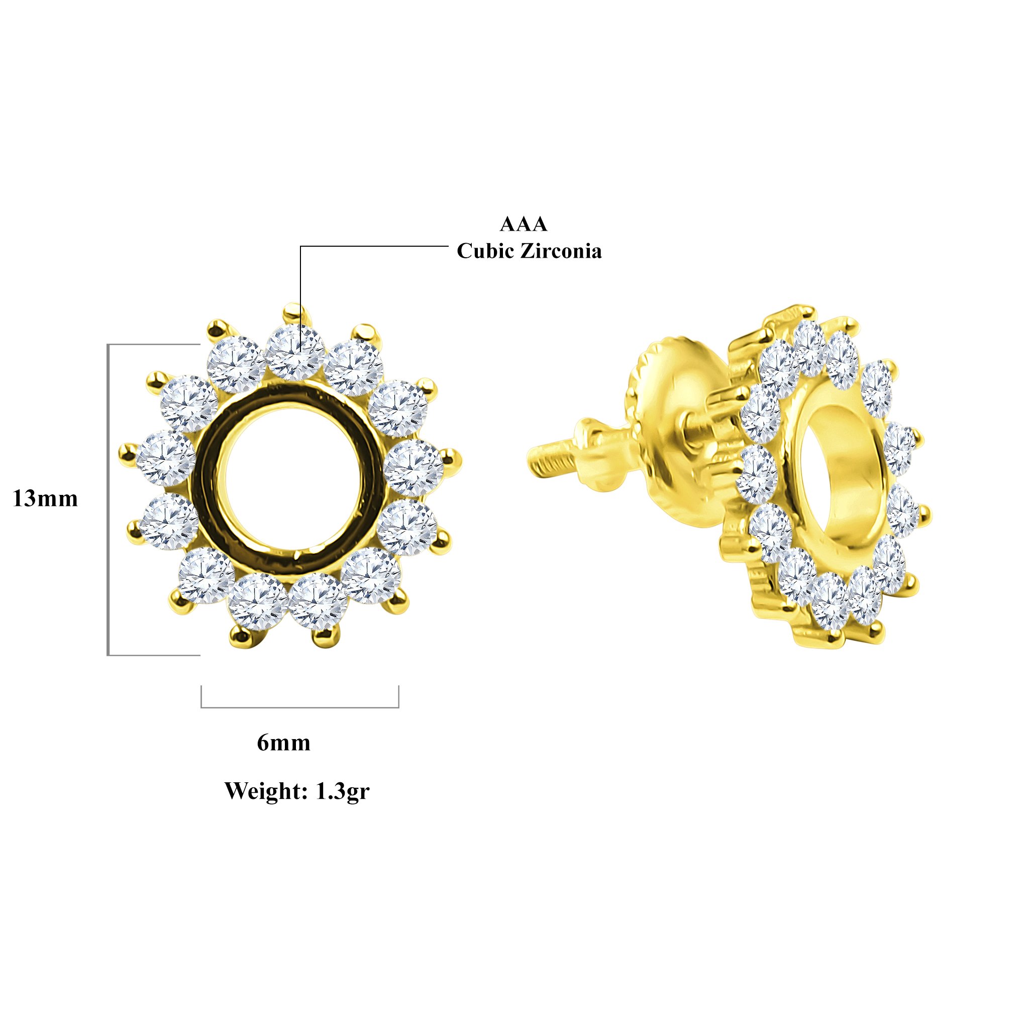 Crater Screw Back earrings featuring brass copper metal and sparkling cubic zircon stones, elegantly designed for any occasion.