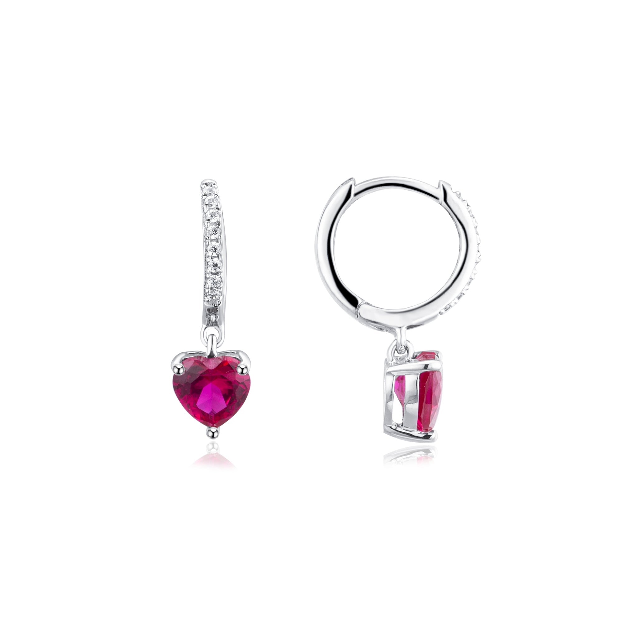 Created gemstone heart ruby huggie earrings made of sterling silver with white gold finish, featuring white sapphire and ruby stones.