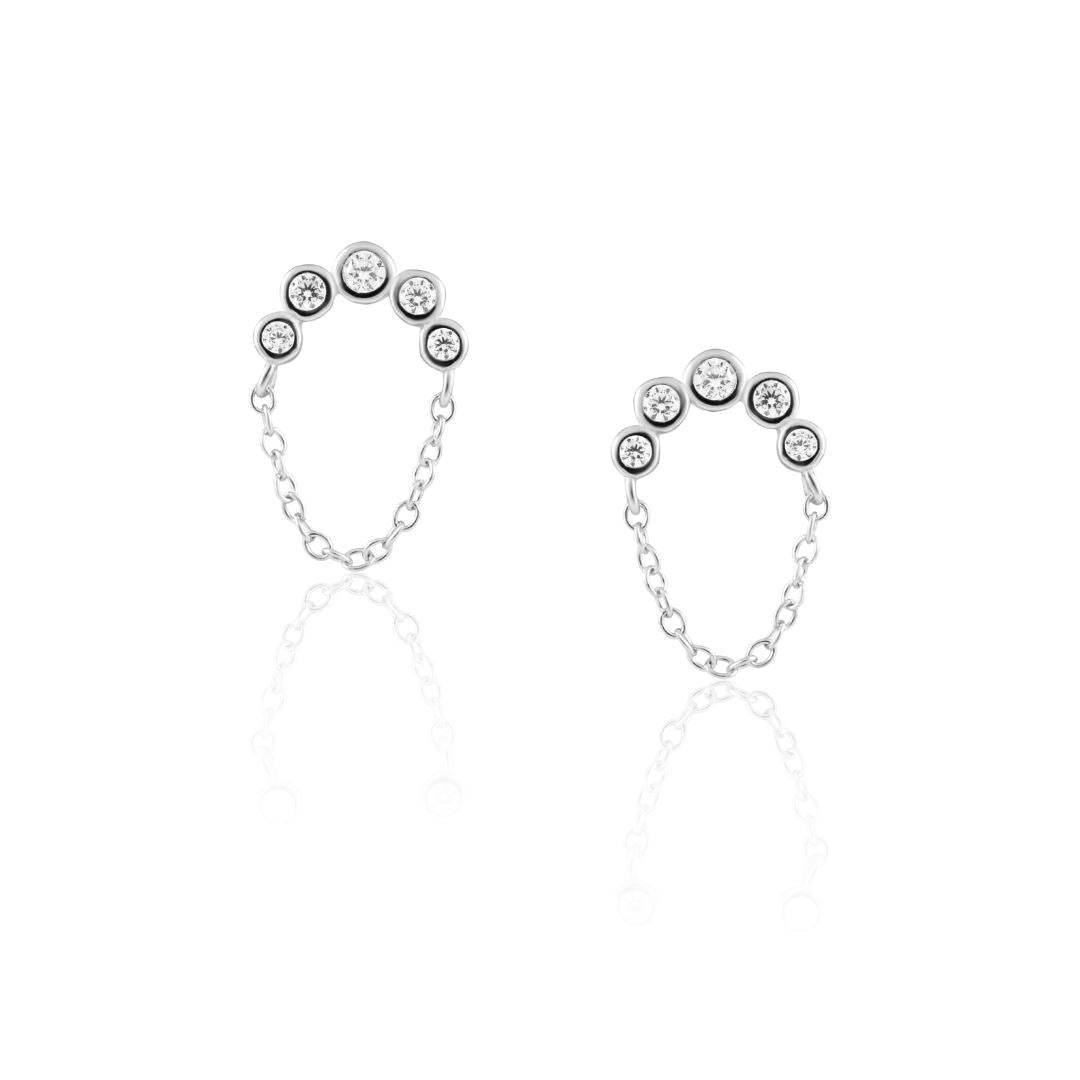 Crescent Chain CZ Studs featuring a mini crescent design adorned with sparkling cubic zirconia stones and chain detailing.