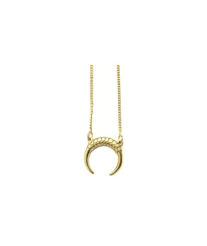 Crescent Moon Necklace featuring a horn-shaped pendant on a delicate chain, available in gold and silver finishes.