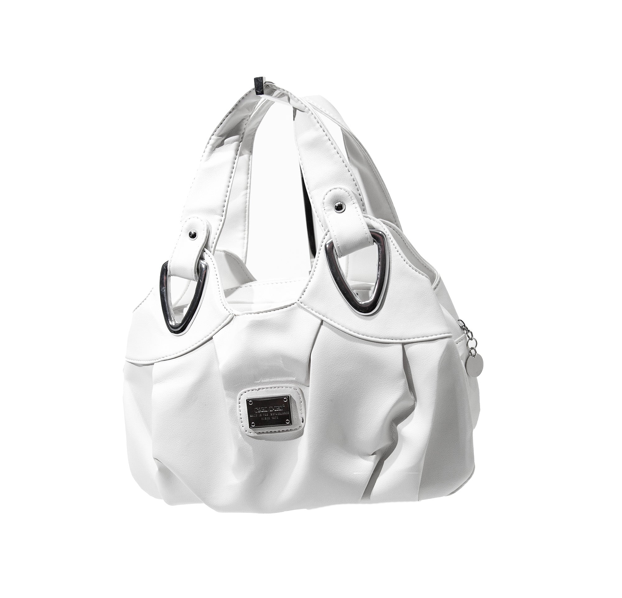 CRLi Rosario White handbag featuring an oval shape, PU leather material, and tassel decoration, designed for women.