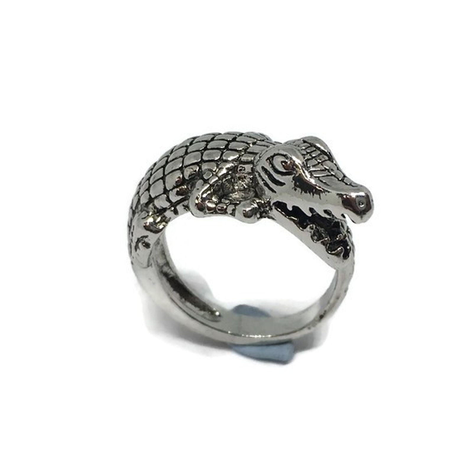 Crocodile Adjustable Band Ring made of sterling silver plated steel alloy, featuring a unique crocodile design, adjustable band, and lightweight construction.