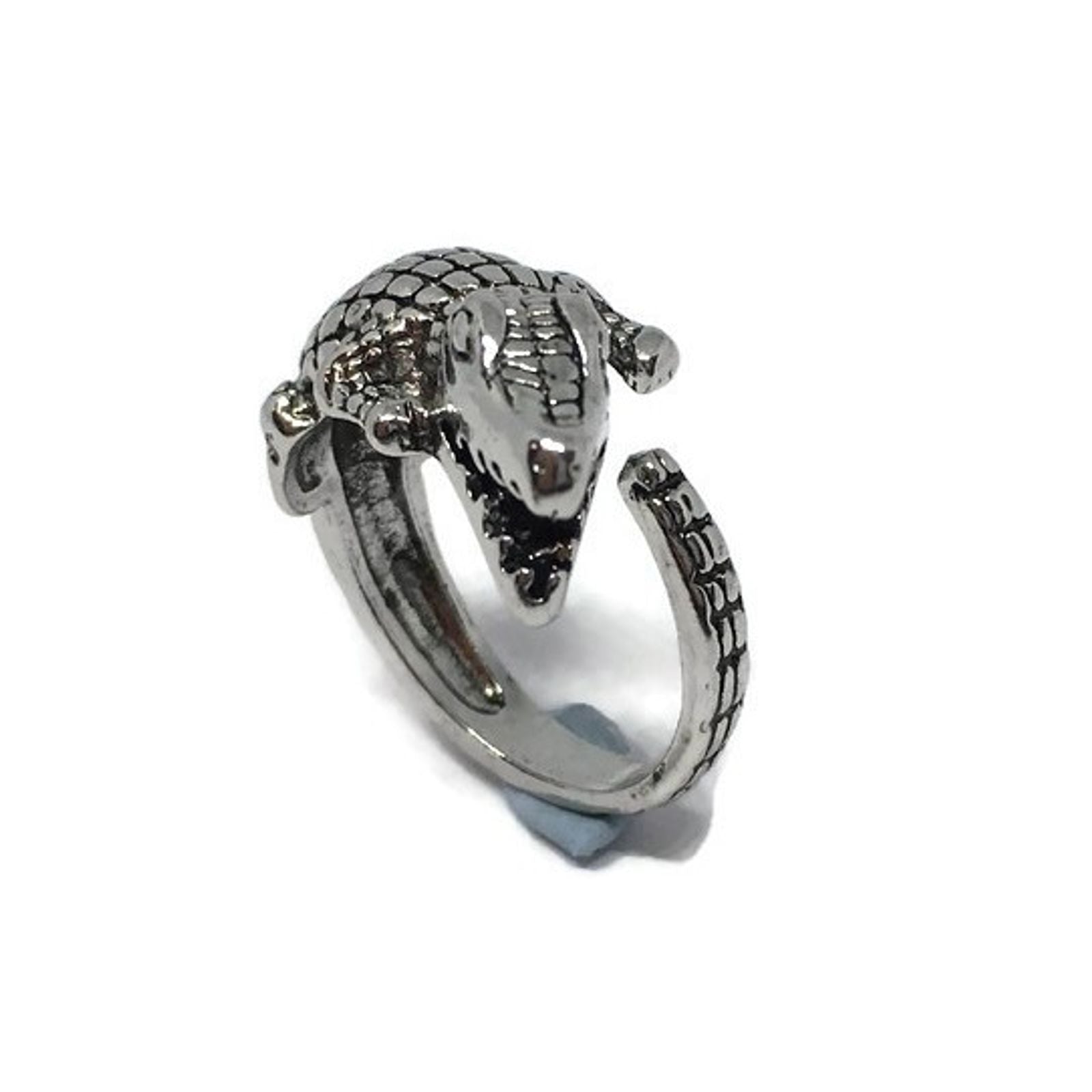 Crocodile Adjustable Band Ring made of sterling silver plated steel alloy, featuring a unique crocodile design, adjustable band, and lightweight construction.