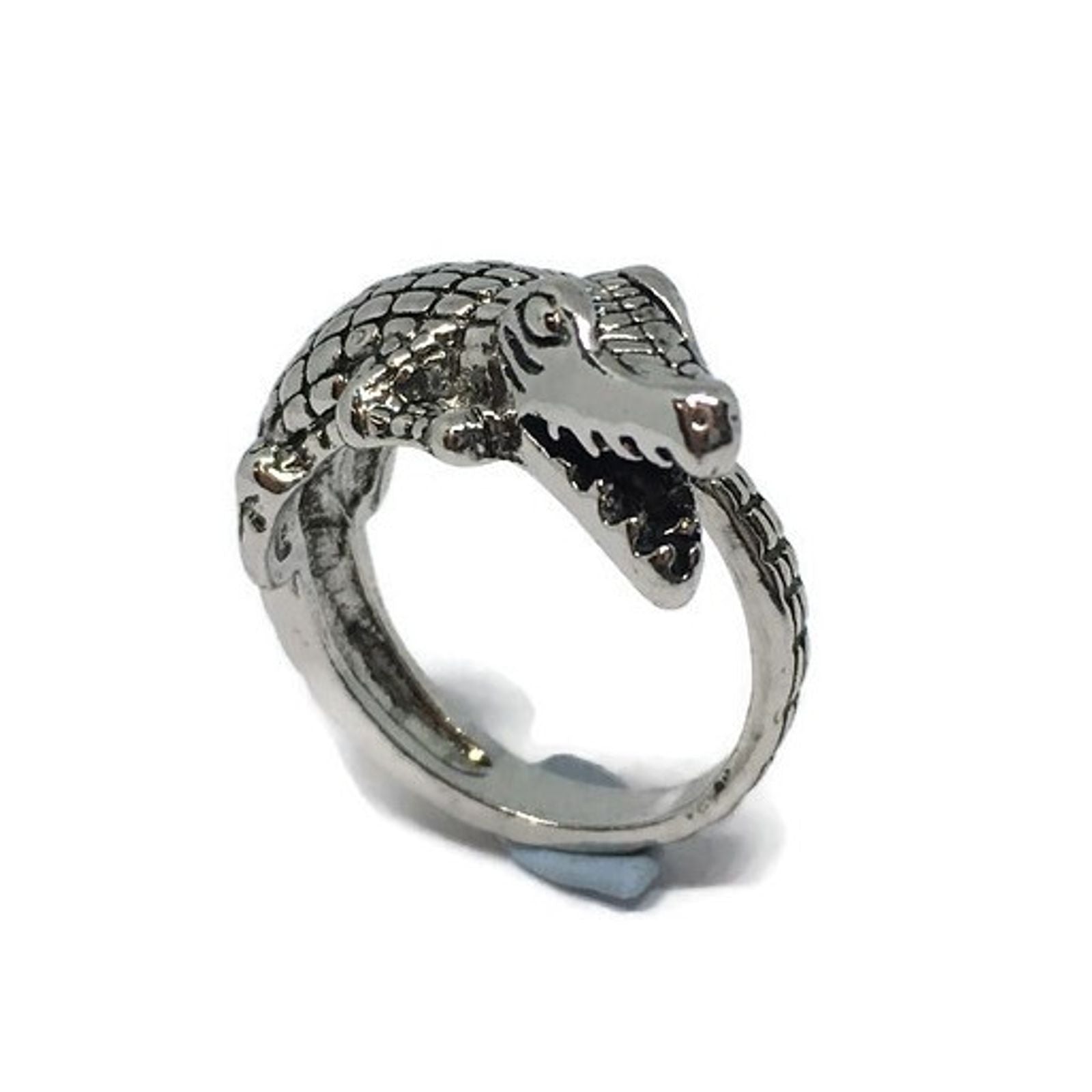 Crocodile Adjustable Band Ring made of sterling silver plated steel alloy, featuring a unique crocodile design, adjustable band, and lightweight construction.