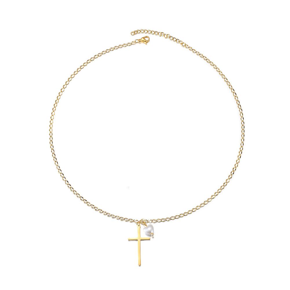 Elegant Cross necklace featuring a love-shaped pearl pendant, crafted from stainless steel with gold plating.