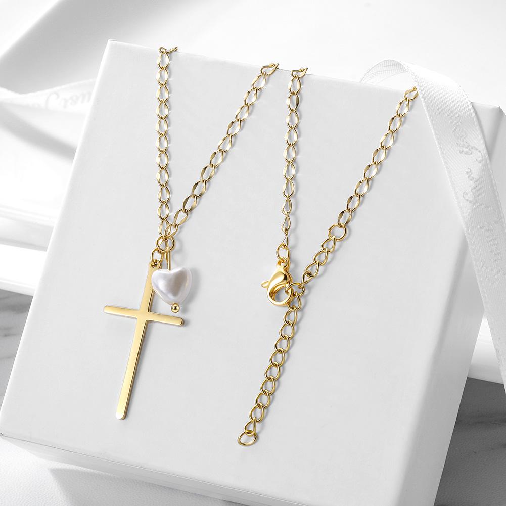 Elegant Cross necklace featuring a love-shaped pearl pendant, crafted from stainless steel with gold plating.