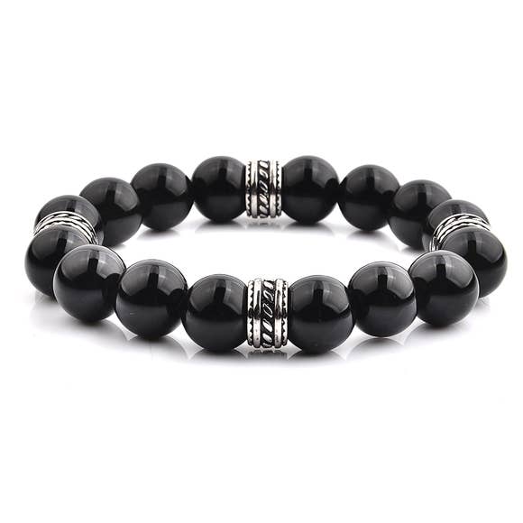 Crucible Stainless Steel Polished Onyx Tribal Beaded Stretch Bracelet featuring natural stone beads and polished stainless steel spacers.