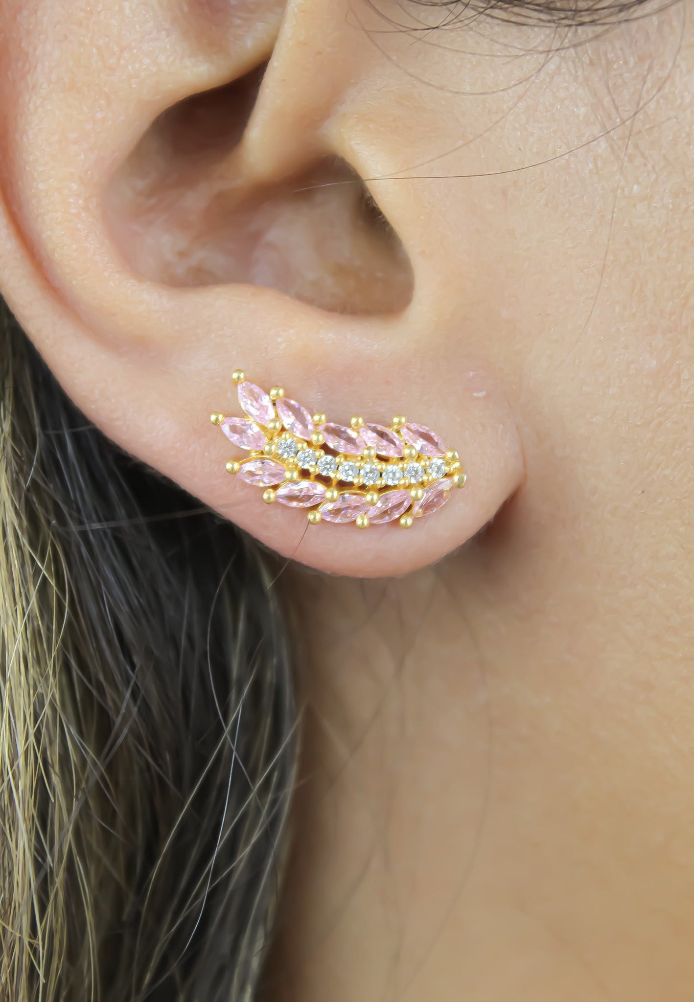 Elegant Cruise Wings Earrings featuring 18K gold plating and 19 sparkling zirconia stones, designed for sensitive ears.