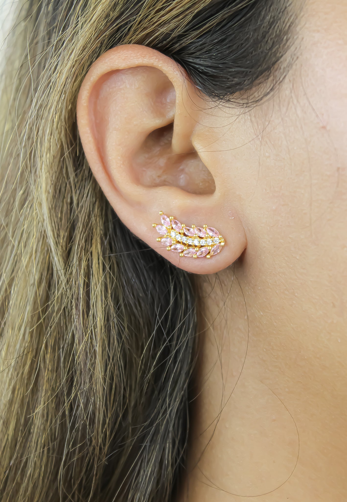 Elegant Cruise Wings Earrings featuring 18K gold plating and 19 sparkling zirconia stones, designed for sensitive ears.