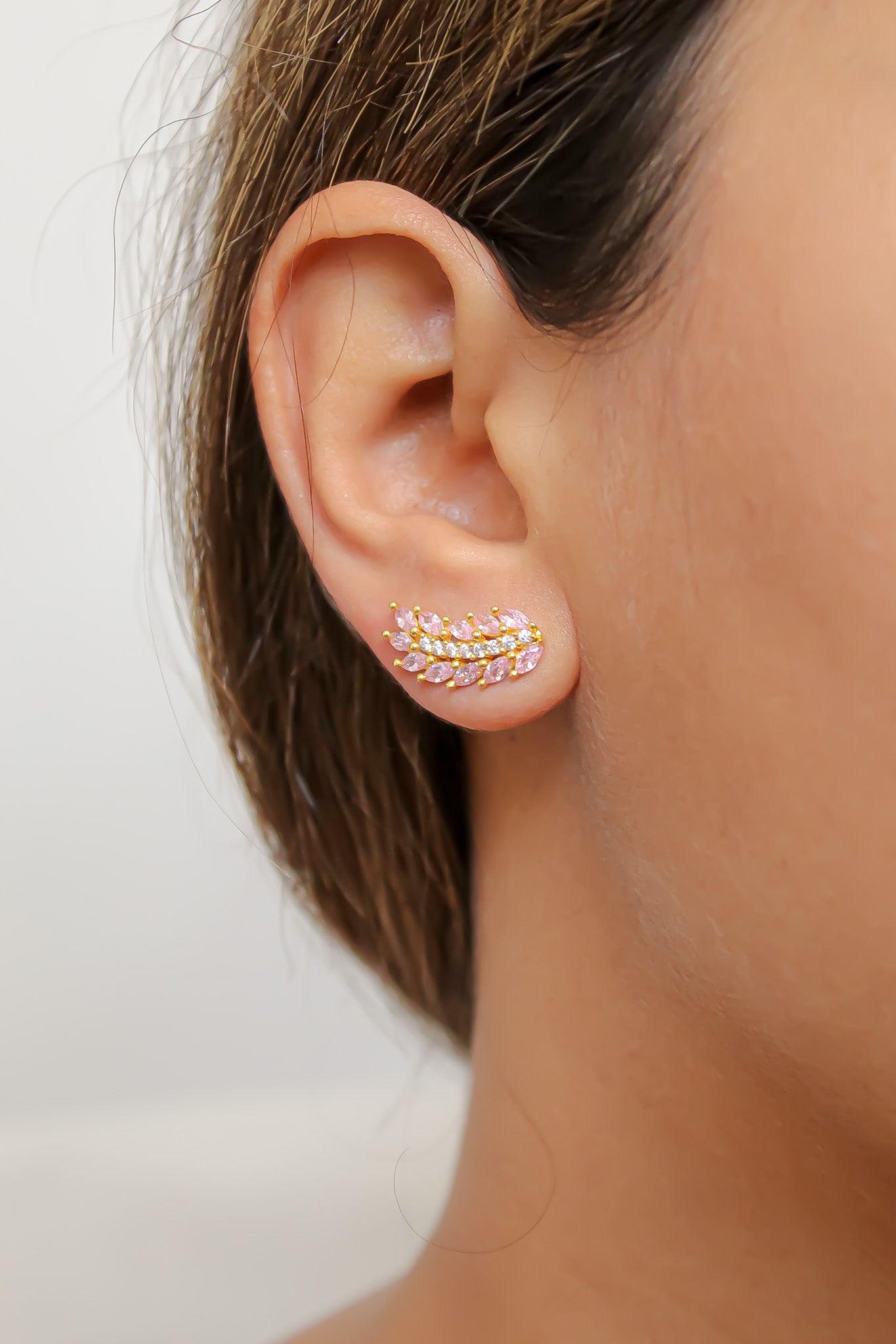 Elegant Cruise Wings Earrings featuring 18K gold plating and 19 sparkling zirconia stones, designed for sensitive ears.