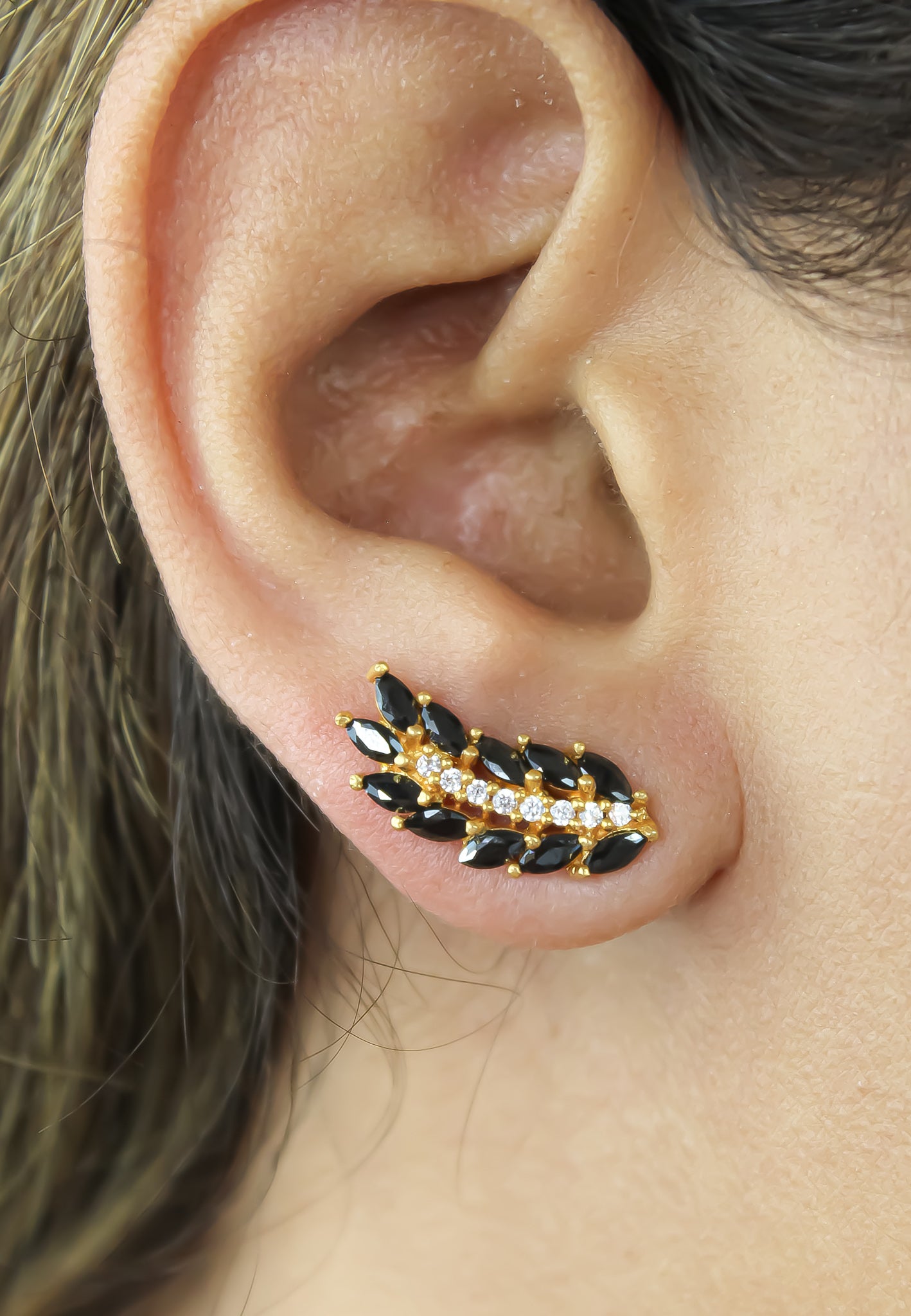 Elegant Cruise Wings Earrings featuring 18K gold plating and 19 sparkling zirconia stones, designed for sensitive ears.