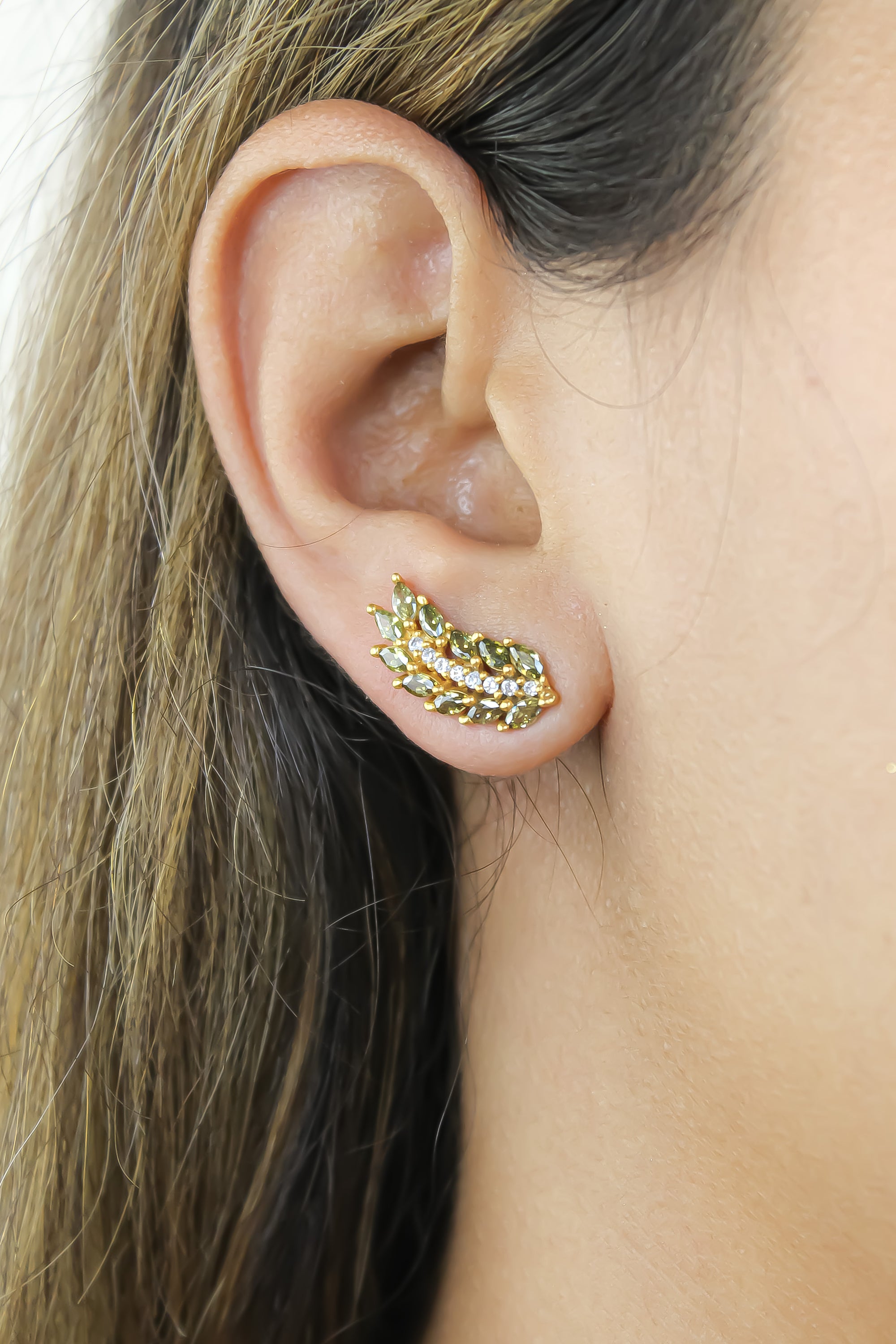 Elegant Cruise Wings Earrings featuring 18K gold plating and 19 sparkling zirconia stones, designed for sensitive ears.