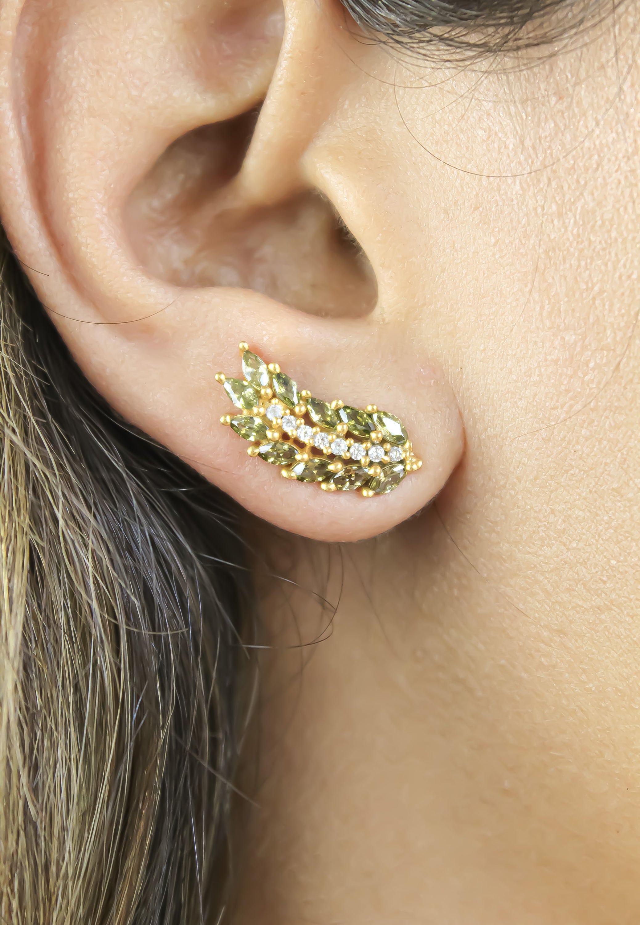 Elegant Cruise Wings Earrings featuring 18K gold plating and 19 sparkling zirconia stones, designed for sensitive ears.