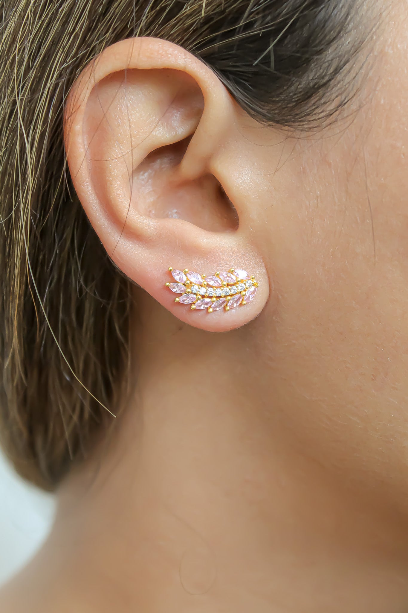 Elegant Cruise Wings Earrings featuring 18K gold plating and 19 sparkling zirconia stones, designed for sensitive ears.