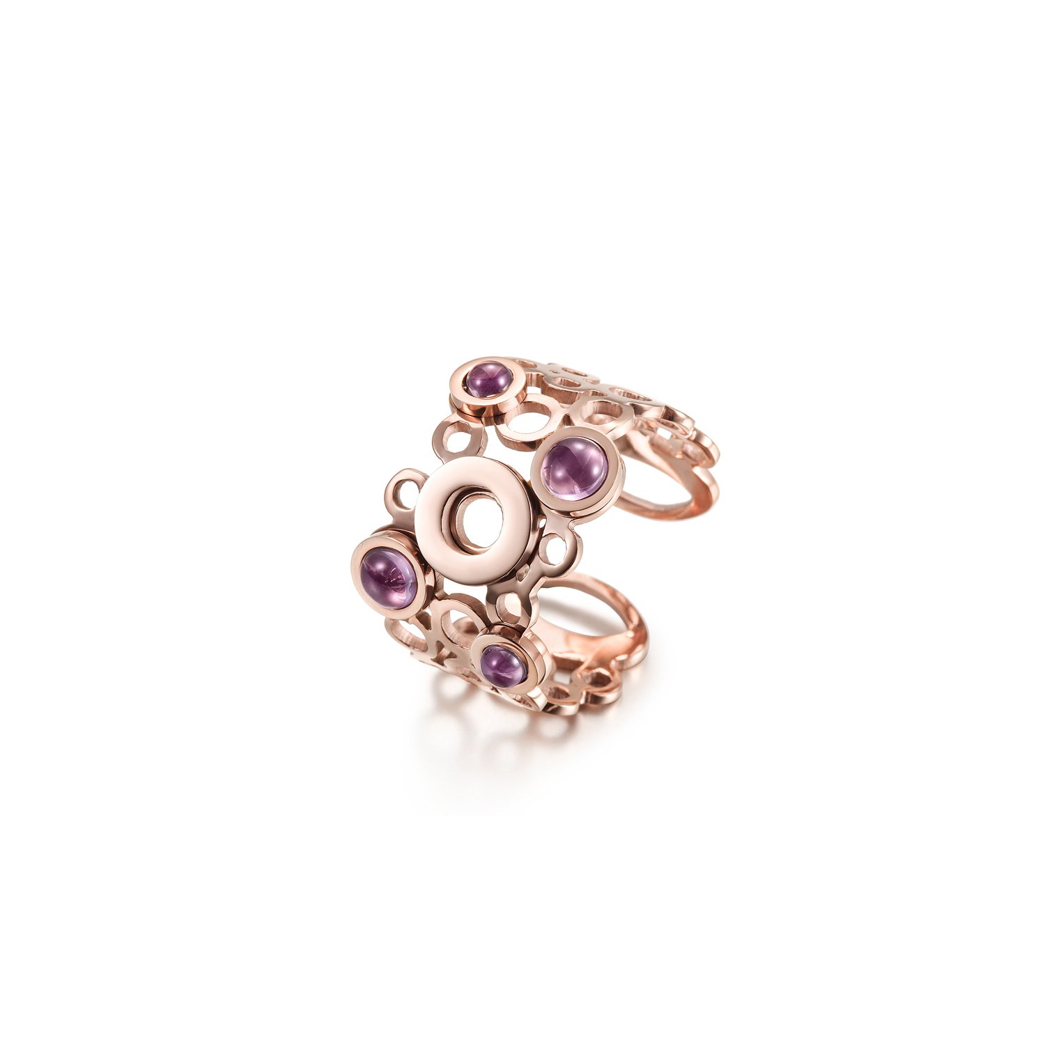 Elegant Crystal Circle Ring featuring interconnected circles and four purple pearls, perfect for any occasion.