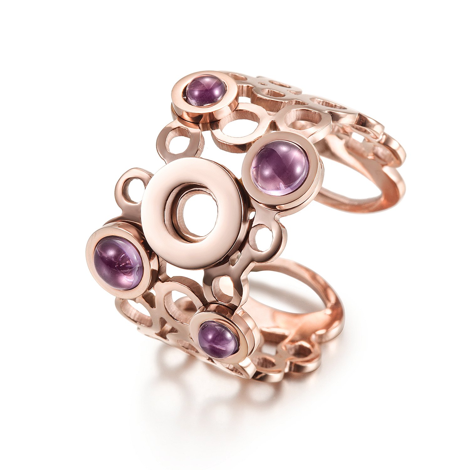 Elegant Crystal Circle Ring featuring interconnected circles and four purple pearls, perfect for any occasion.