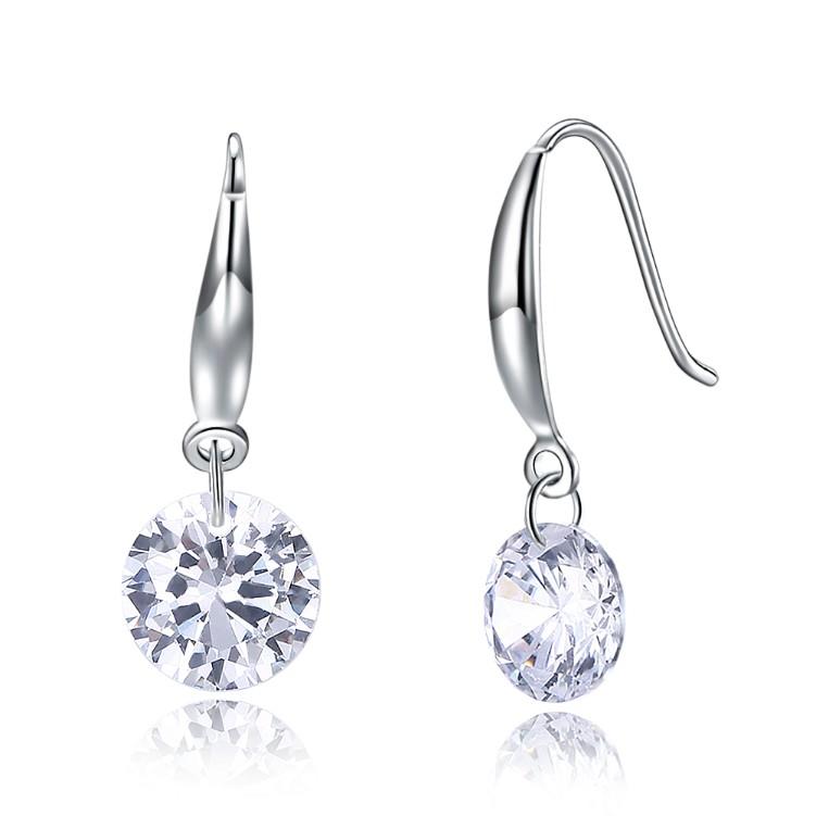 Elegant Crystal Drill Drop Earrings in 18K White Gold Plated featuring a shimmering Sapphire gemstone and a comfortable fishhook closure.